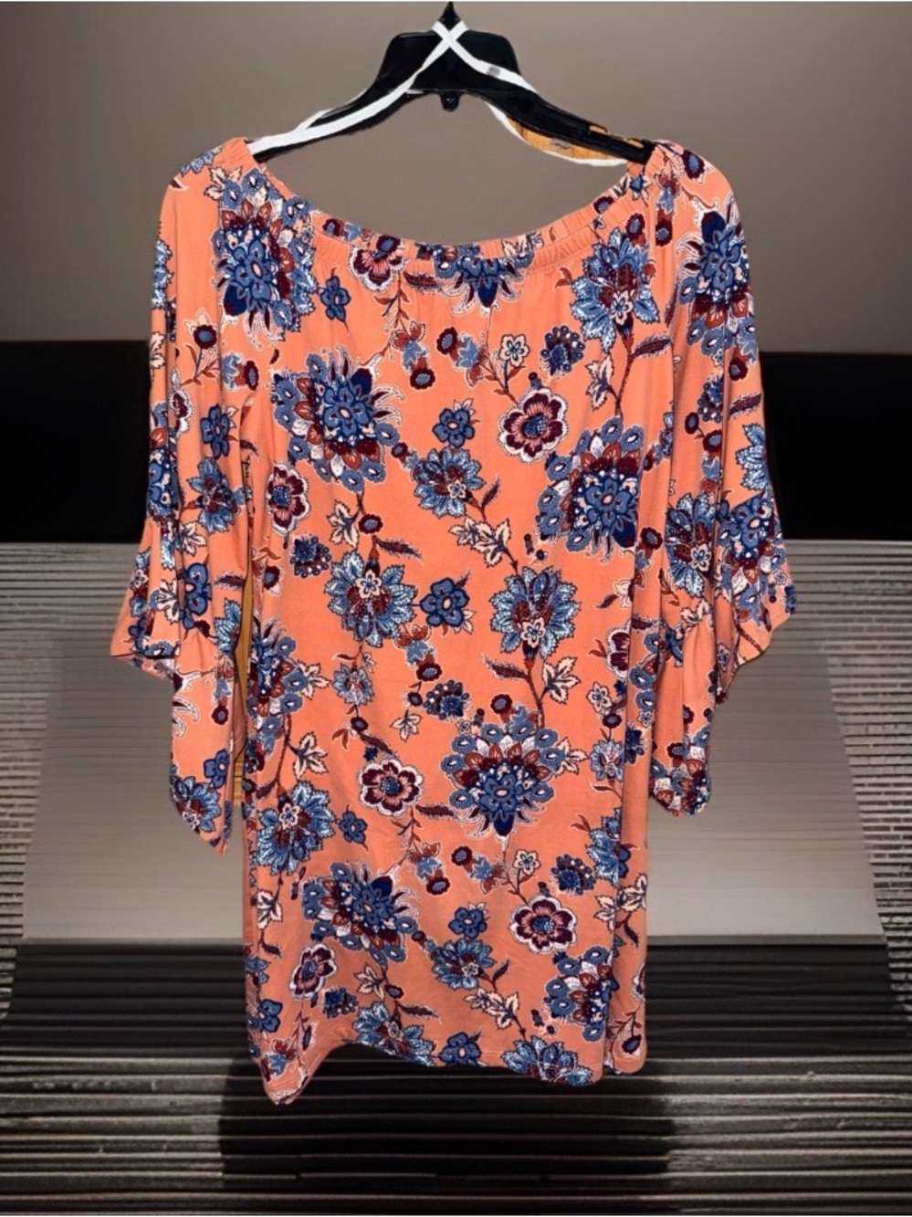 Wrapper Coral & Navy Floral Off-Shoulder Mini Dress w/Ruffles 3/4 Sleeves-M-EC